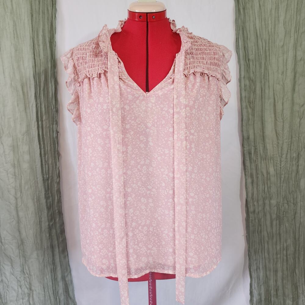 Pleione Pink White Floral Sleeveless Ruffle Oversize Summer Blouse Size M
